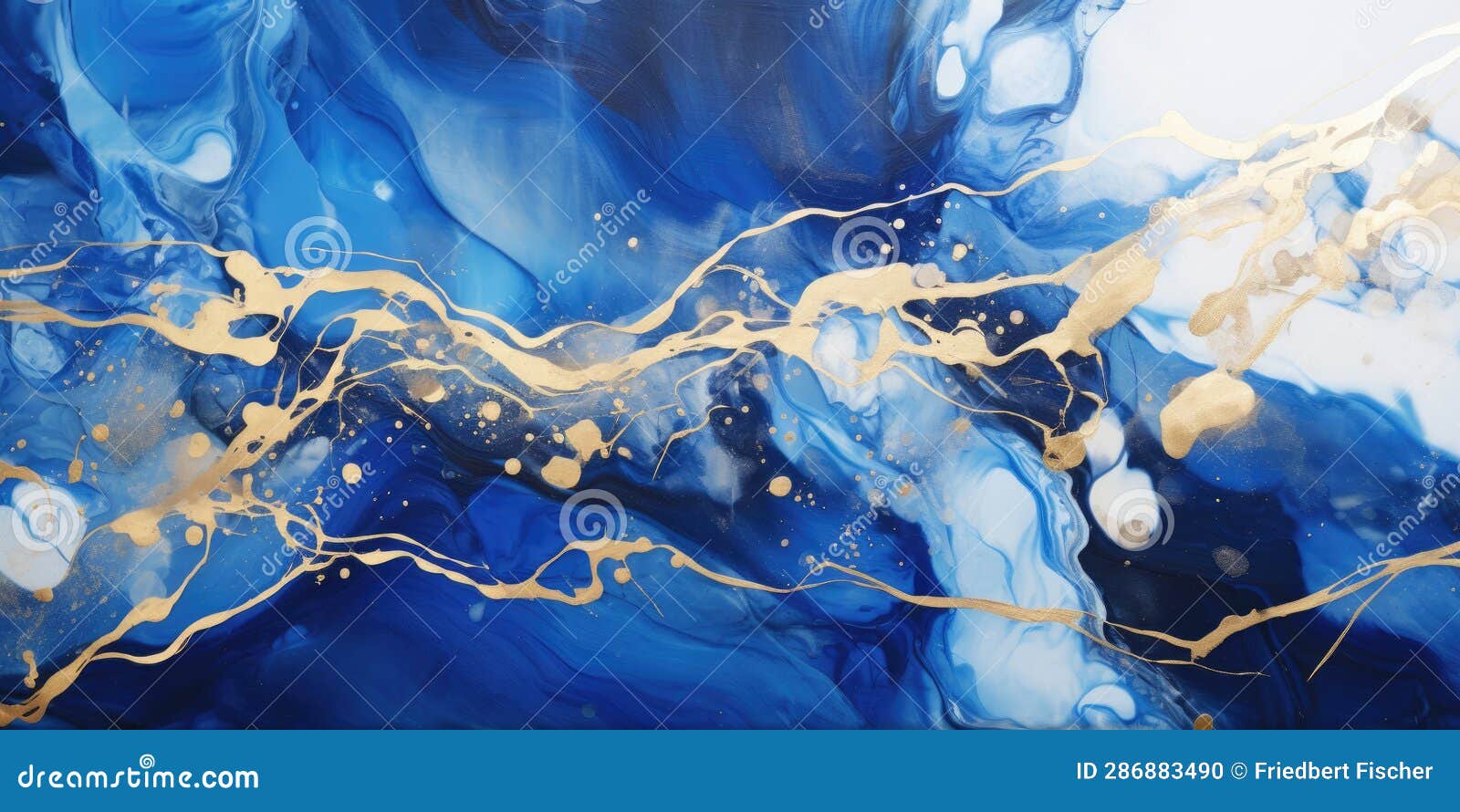 A Painting of Blue and Gold Paint on a White Wall. Digital Image