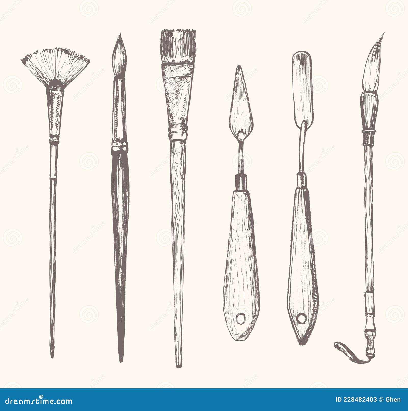 Painting Brushes Set, Palette Knives Sketch Drawing on White.arts and