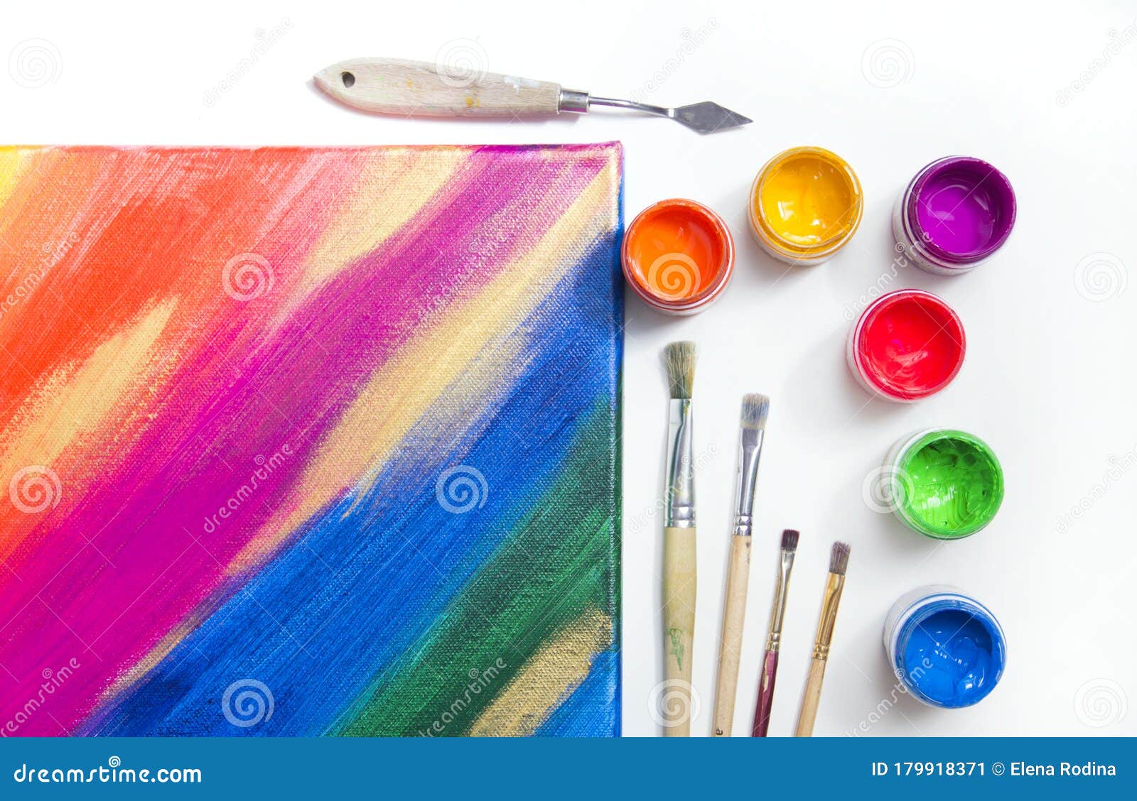 Painting on Canvas. Jars with Colorful Art Paint and Brushes Stock Image -  Image of space, artist: 179918371