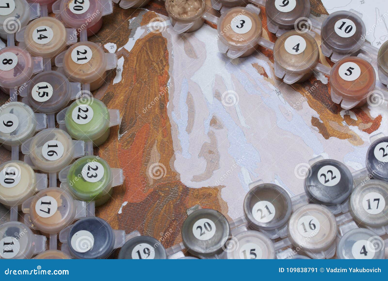 Painting on Canvas by Numbers. Numbered Containers with Paints and