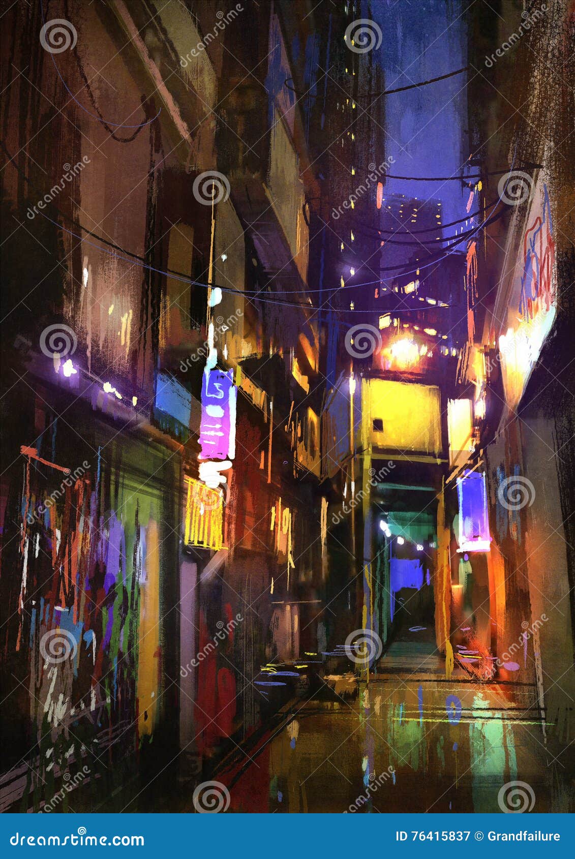 painting of dark alley at night