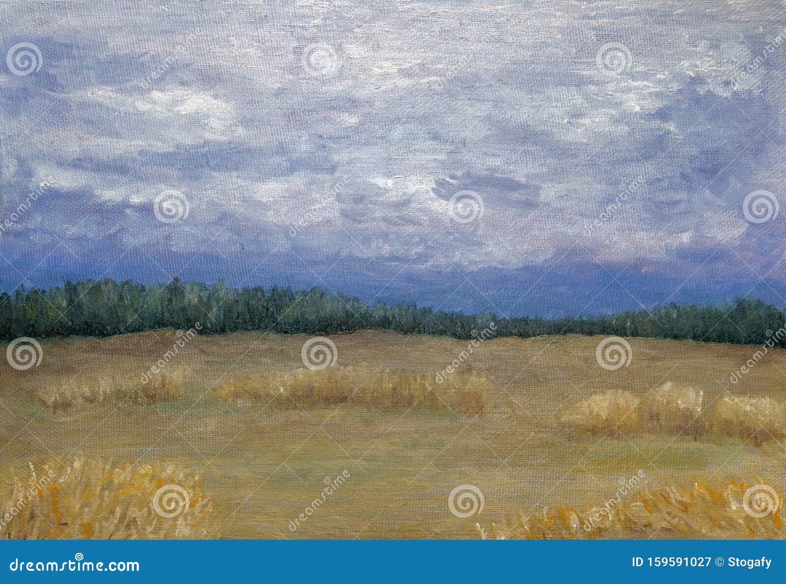 Painting Of Dark Cloudy Sky Over Yellow Grassy Field With Forest Stock Illustration Illustration Of Clouds Technique