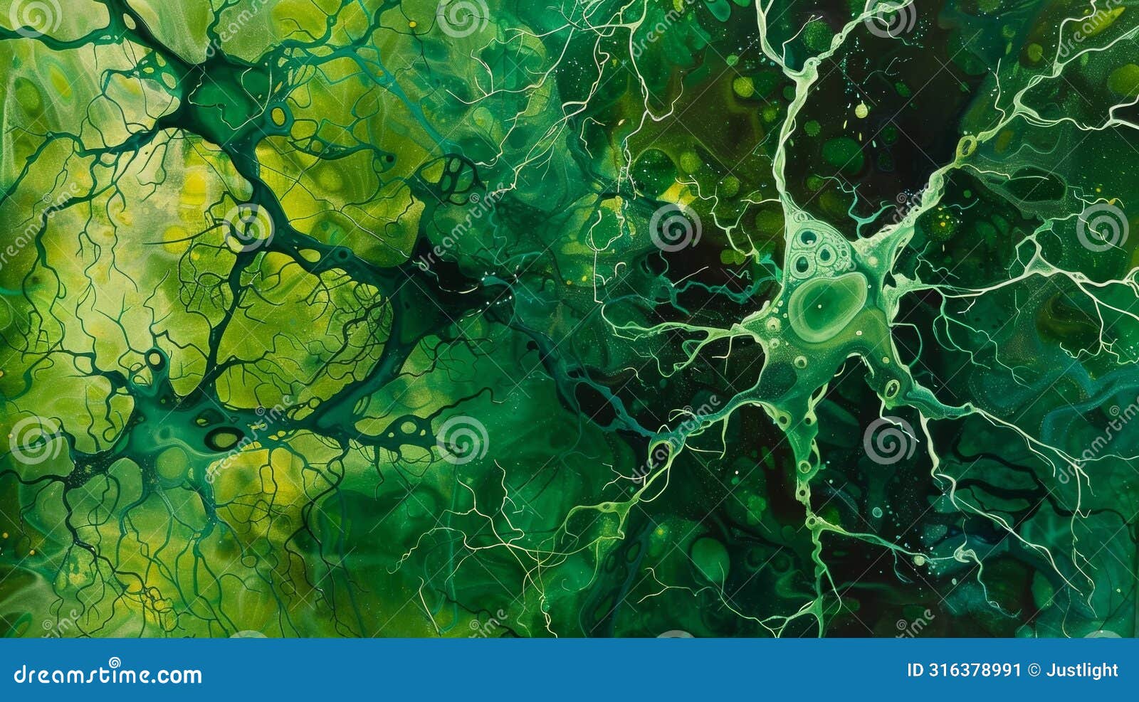 a painting depicting a neural network in shades of green izing the renewed connections and functions regained