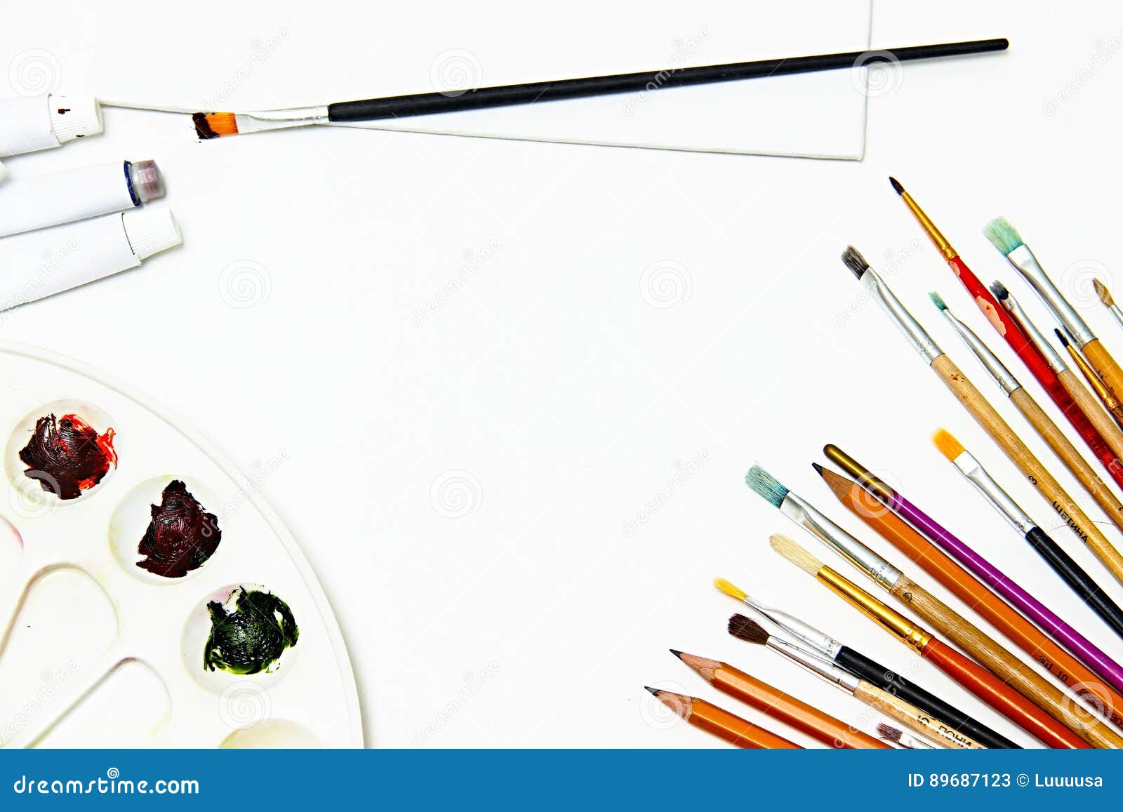 Painting Equipment and Blank White Canvas. Art Background, Brushes