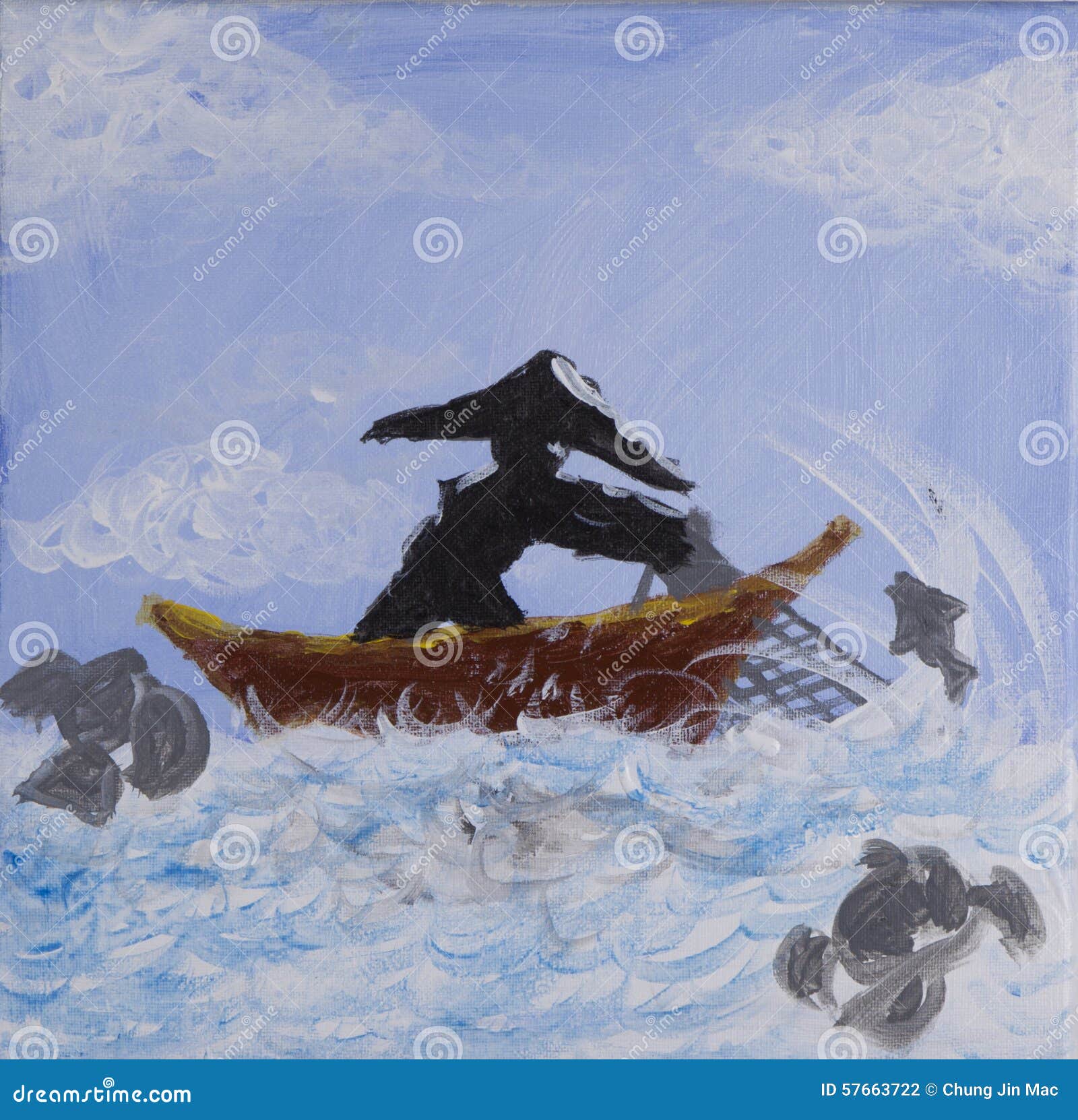 Painting of Fisherman Casting Fishing Net on Acrylic Stock