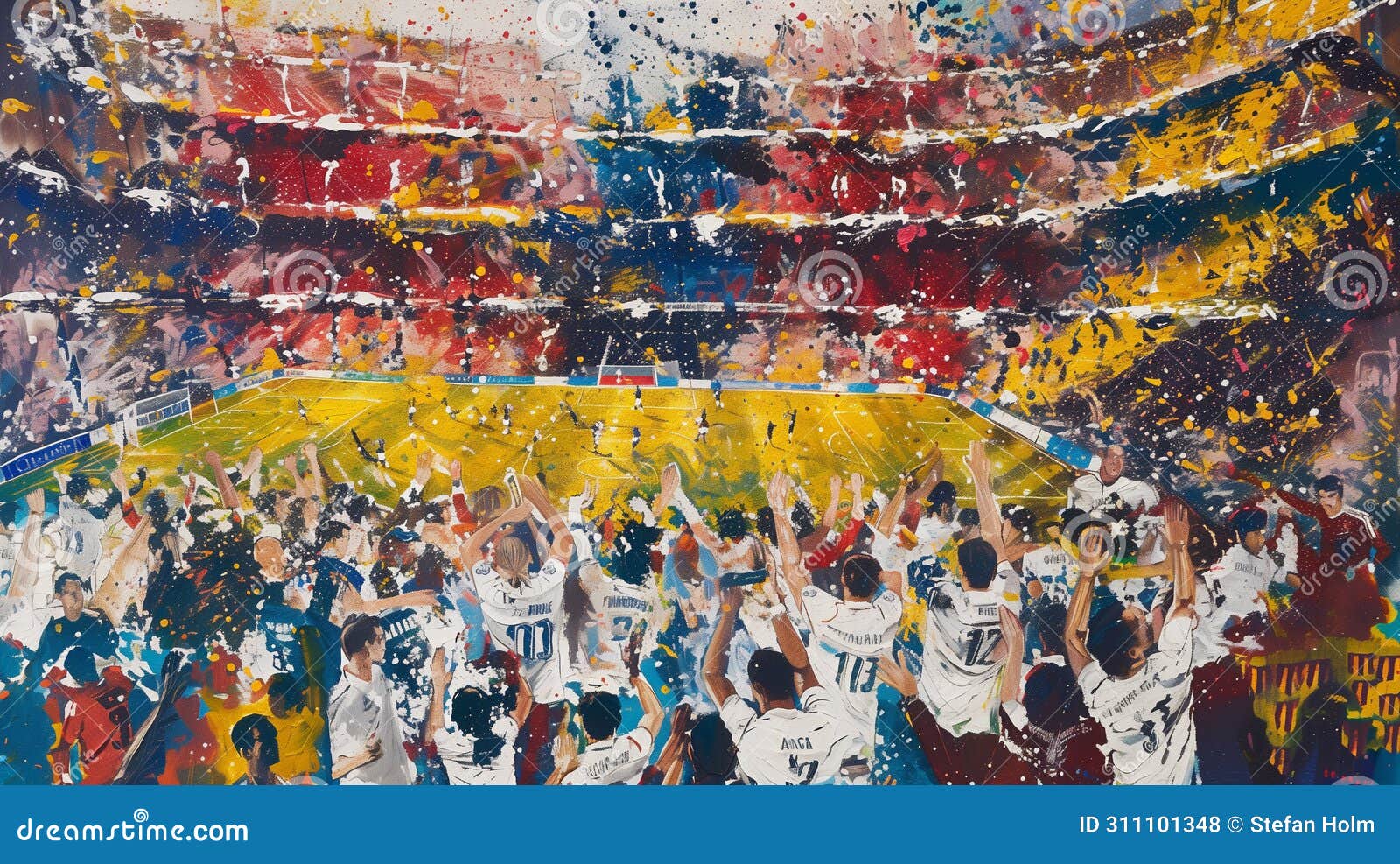 painting of the football game el clasico, colorful, bursting with the colors of both teams, white and gold, blue and maroon.