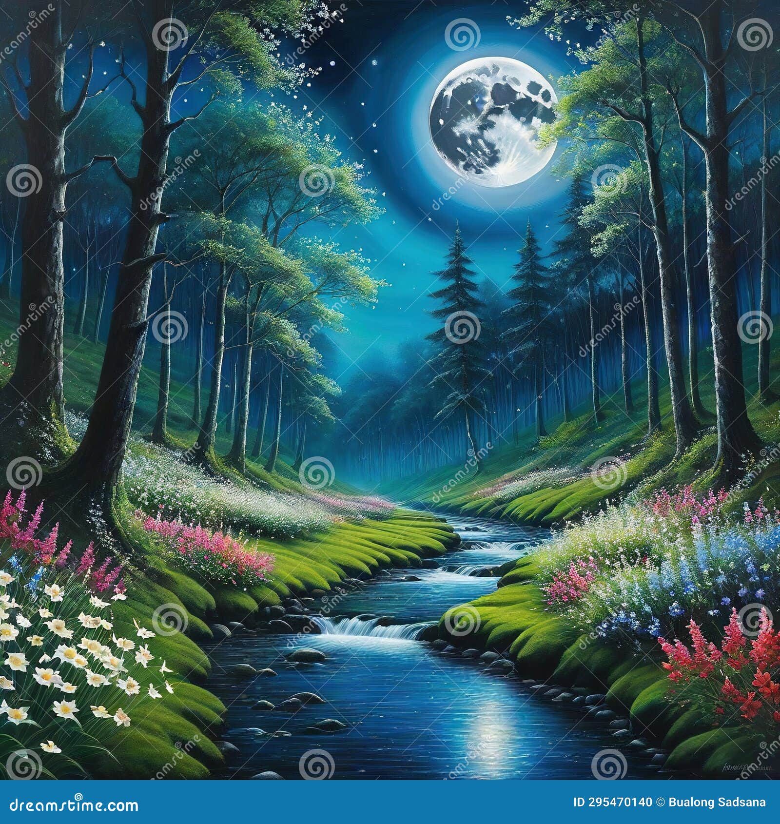 painting of forest with full moon in the sky and stream running through