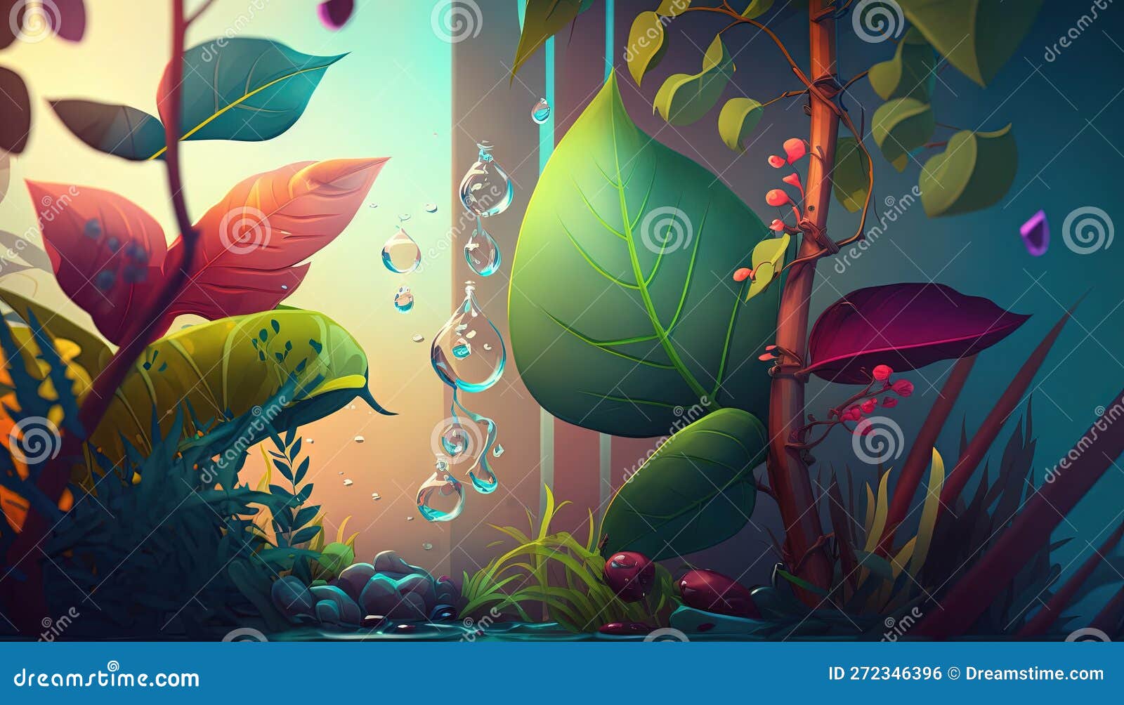 A Painting of a Forest with Lots of Leaves and Water Drops Stock