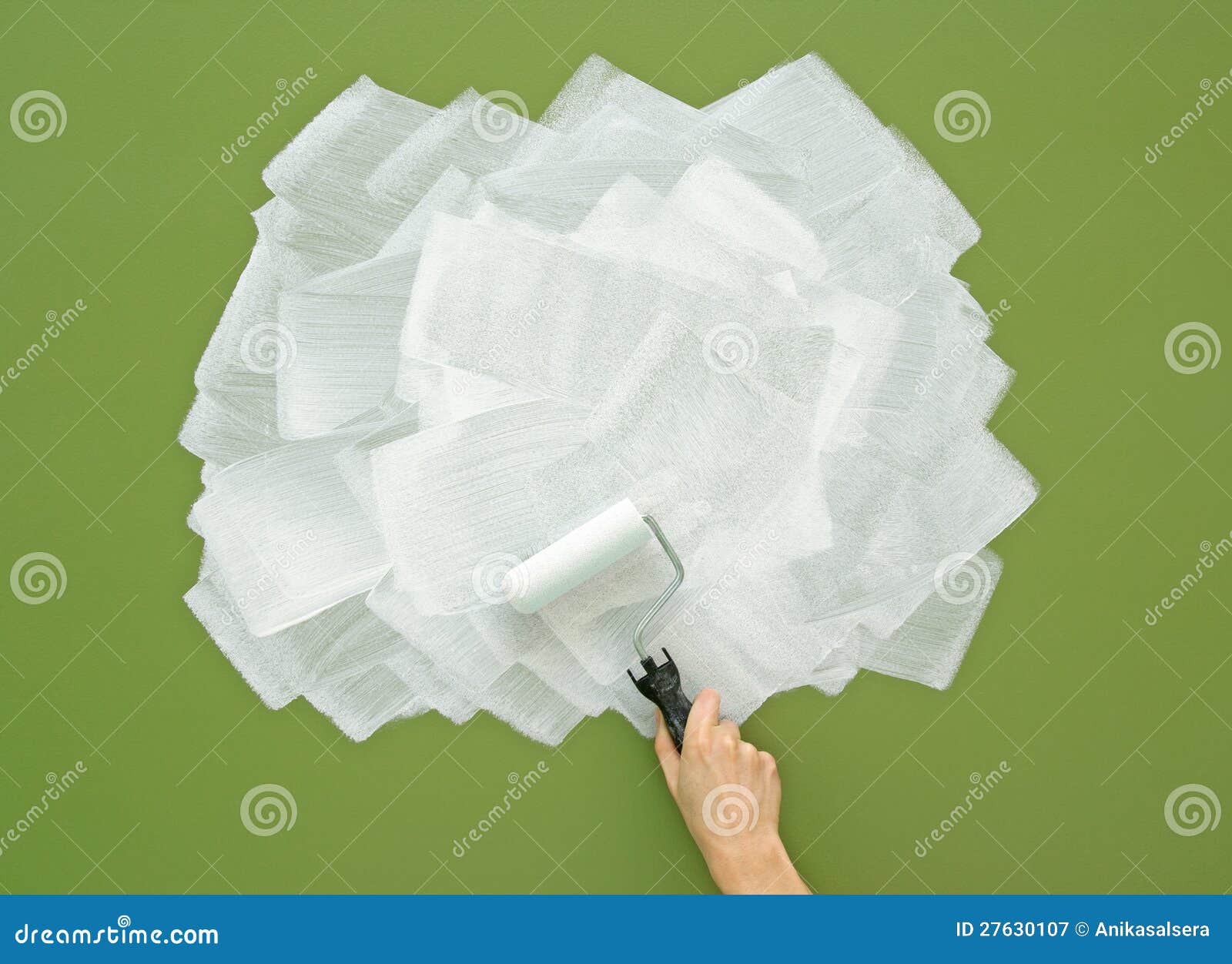 Painting Green Wall in White with Paint Roller Stock Image Image of