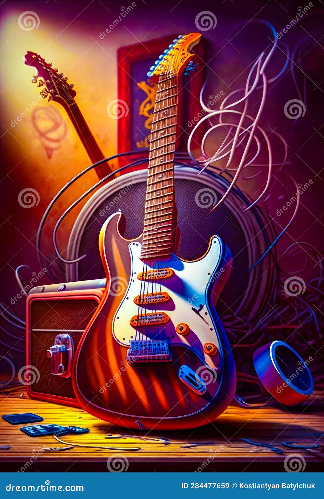 Painting of Guitar, Amp, and Speaker on Table. Generative AI Stock