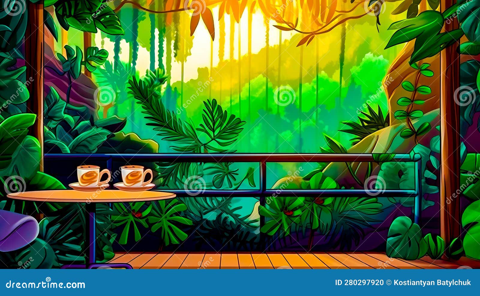 Painting of Jungle Scene with Table and Cup of Coffee. Generative AI