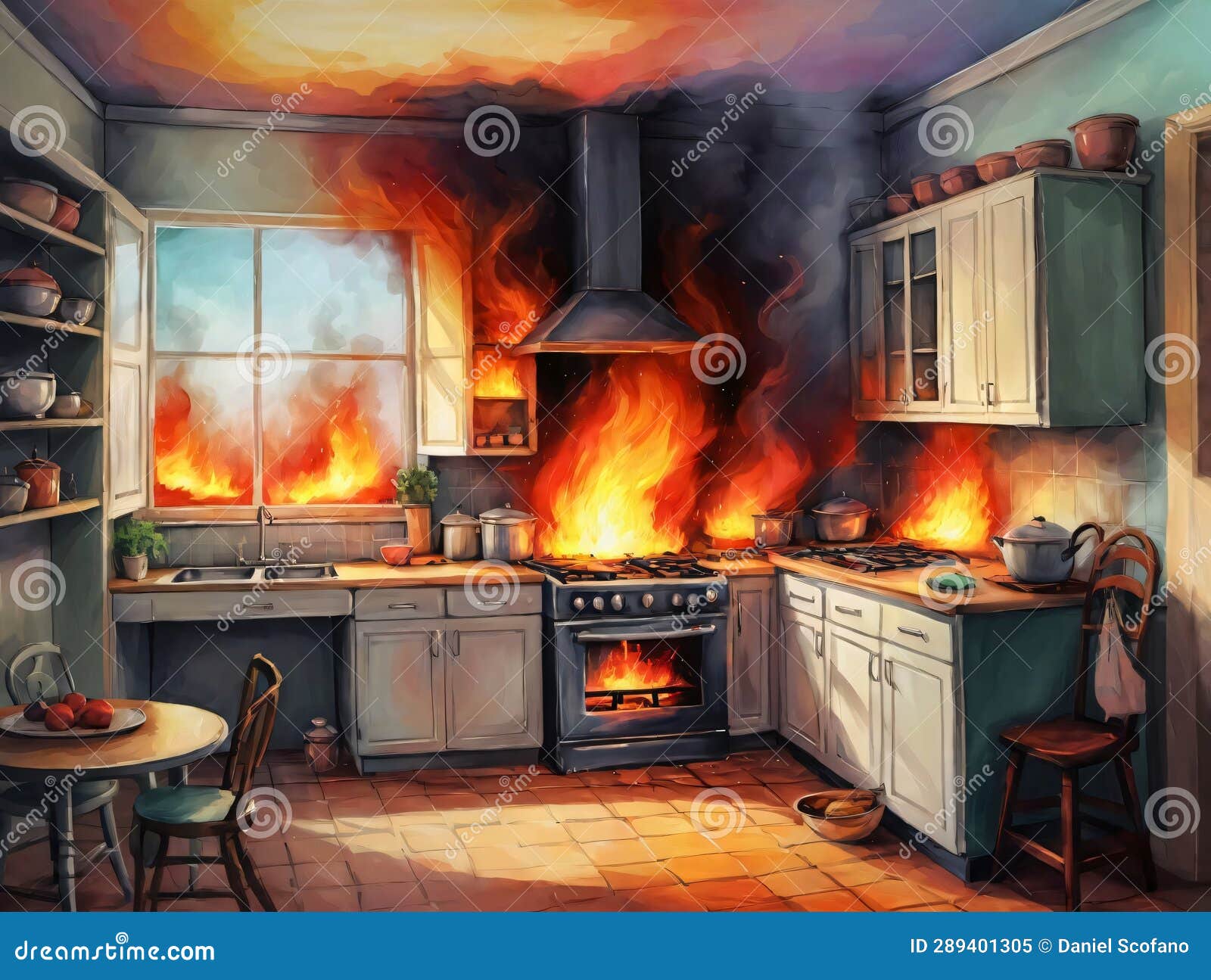 A Painting of a Kitchen on Fire. Generative AI Stock Illustration