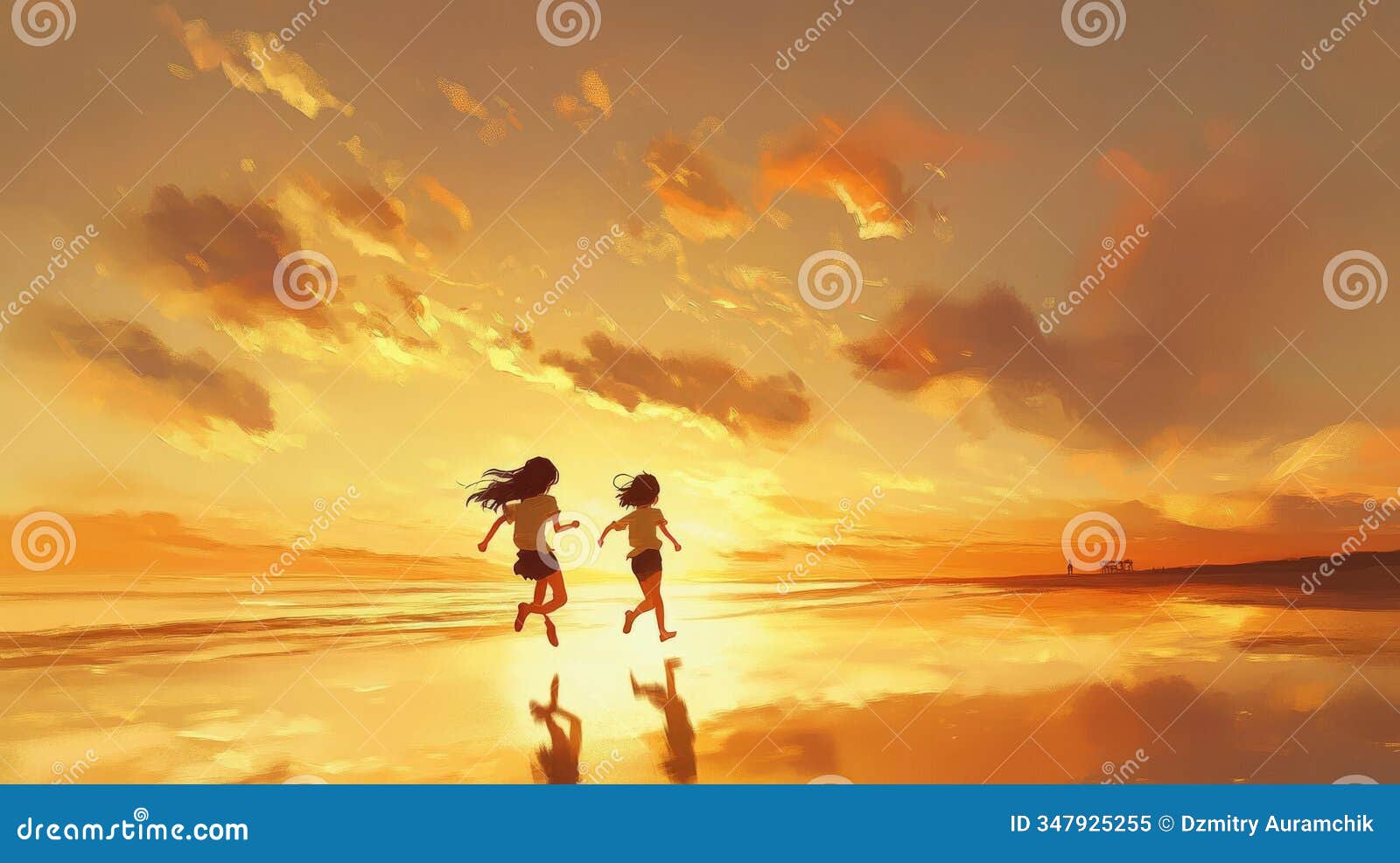 in a painting-like digital artwork, a boy and girl sprint across the beach to catch the sunrise on the horizon.