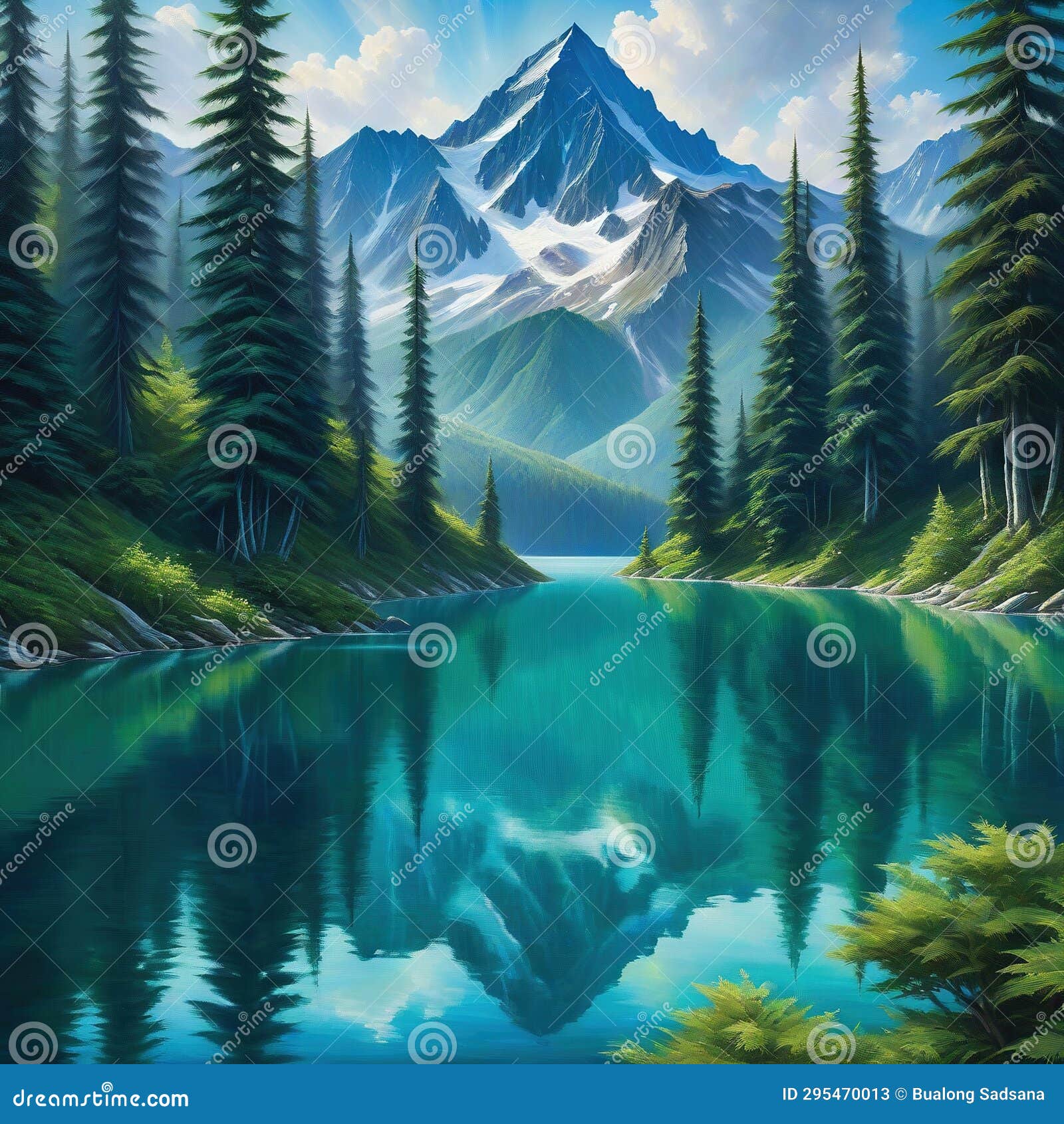 painting of mountain lake surrounded by trees