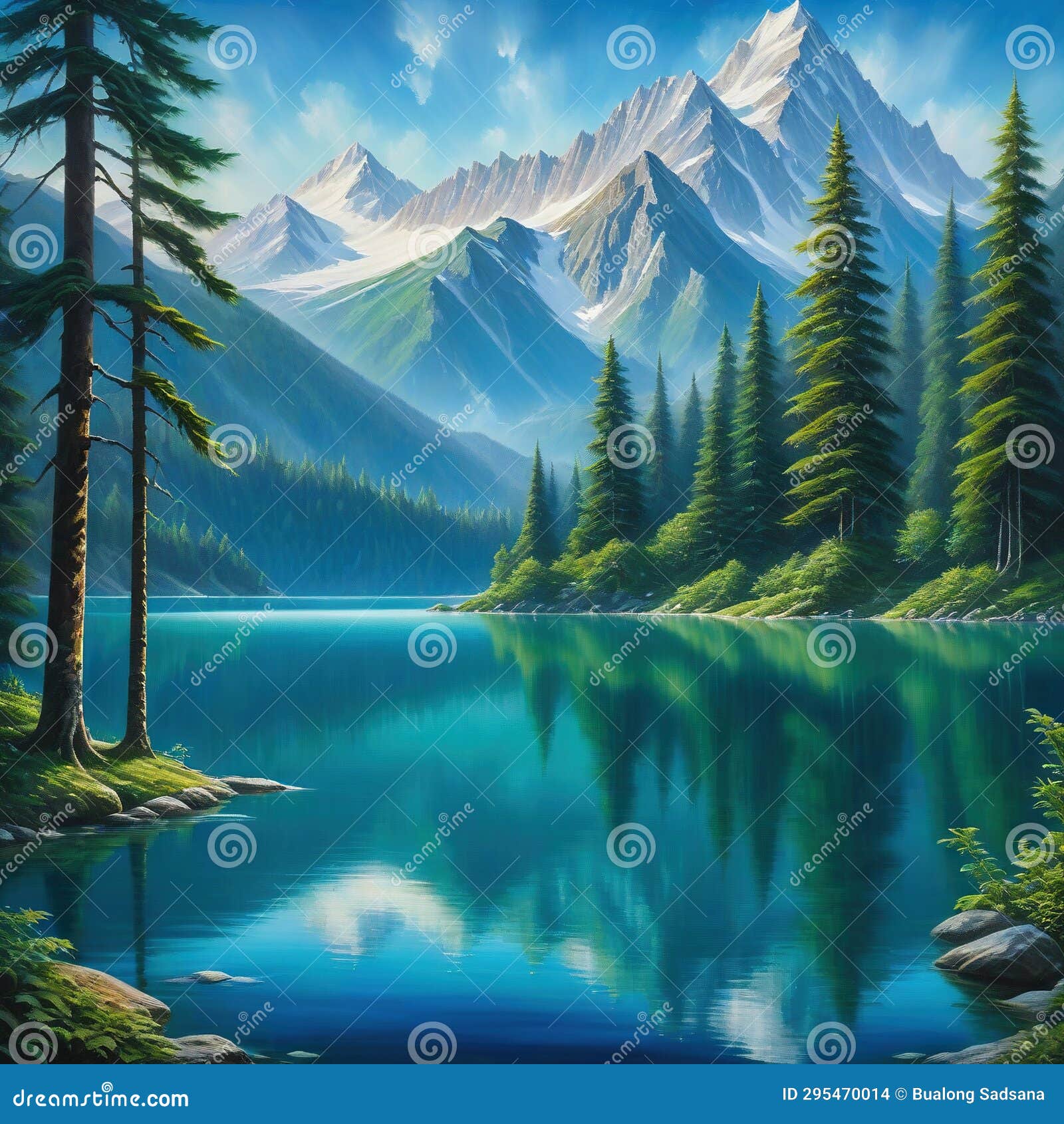 painting of mountain lake surrounded by trees