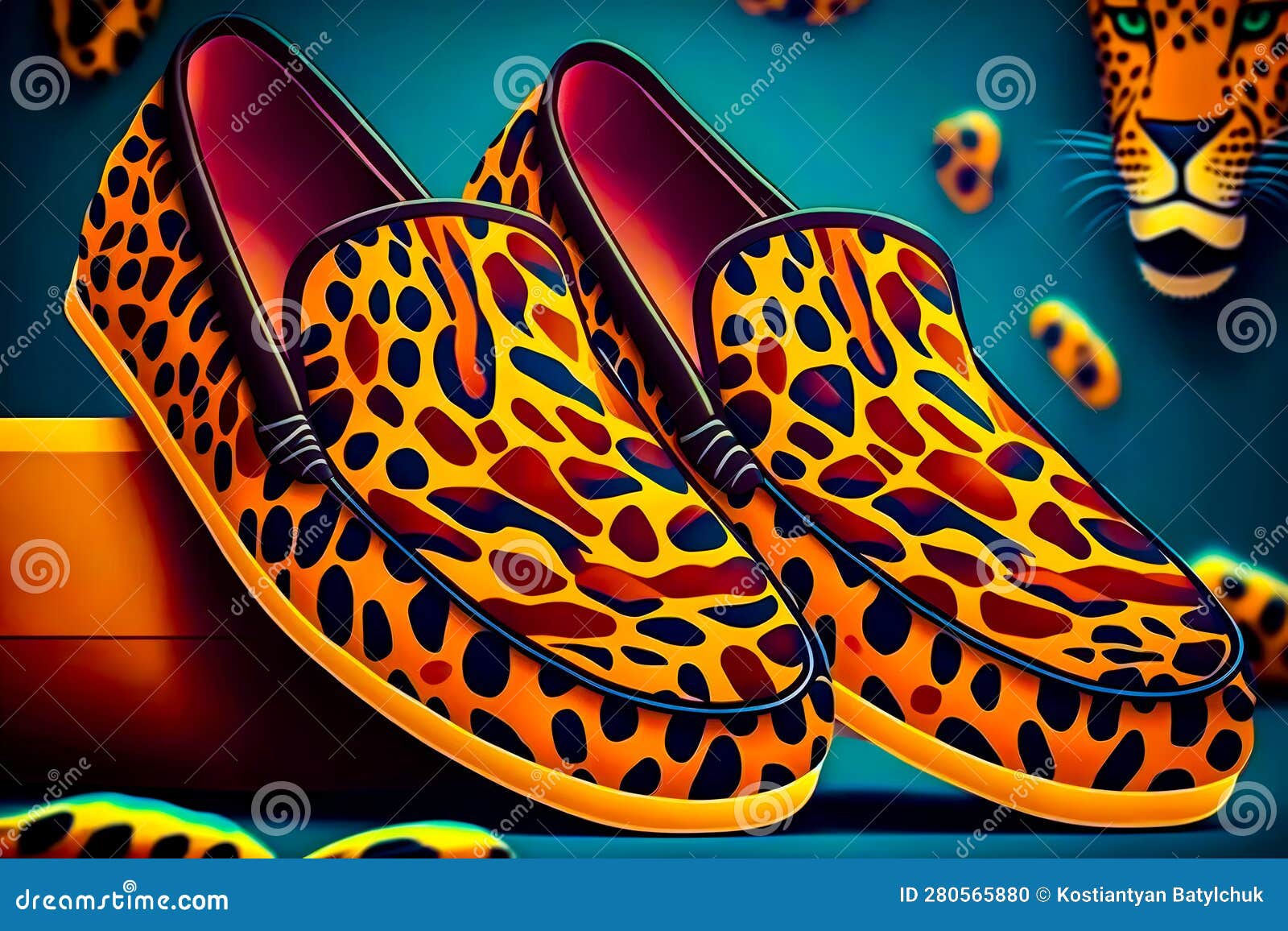 Painting of Pair of Leopard Print Shoes on Blue Background