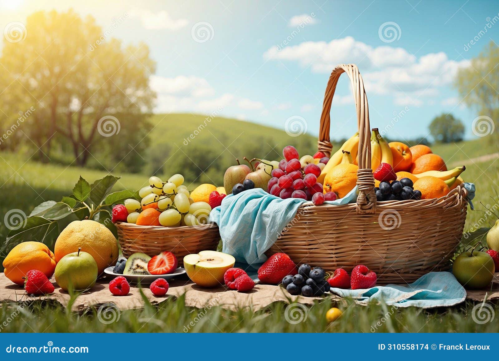 painting of a picnic basket, fruits and various dishes