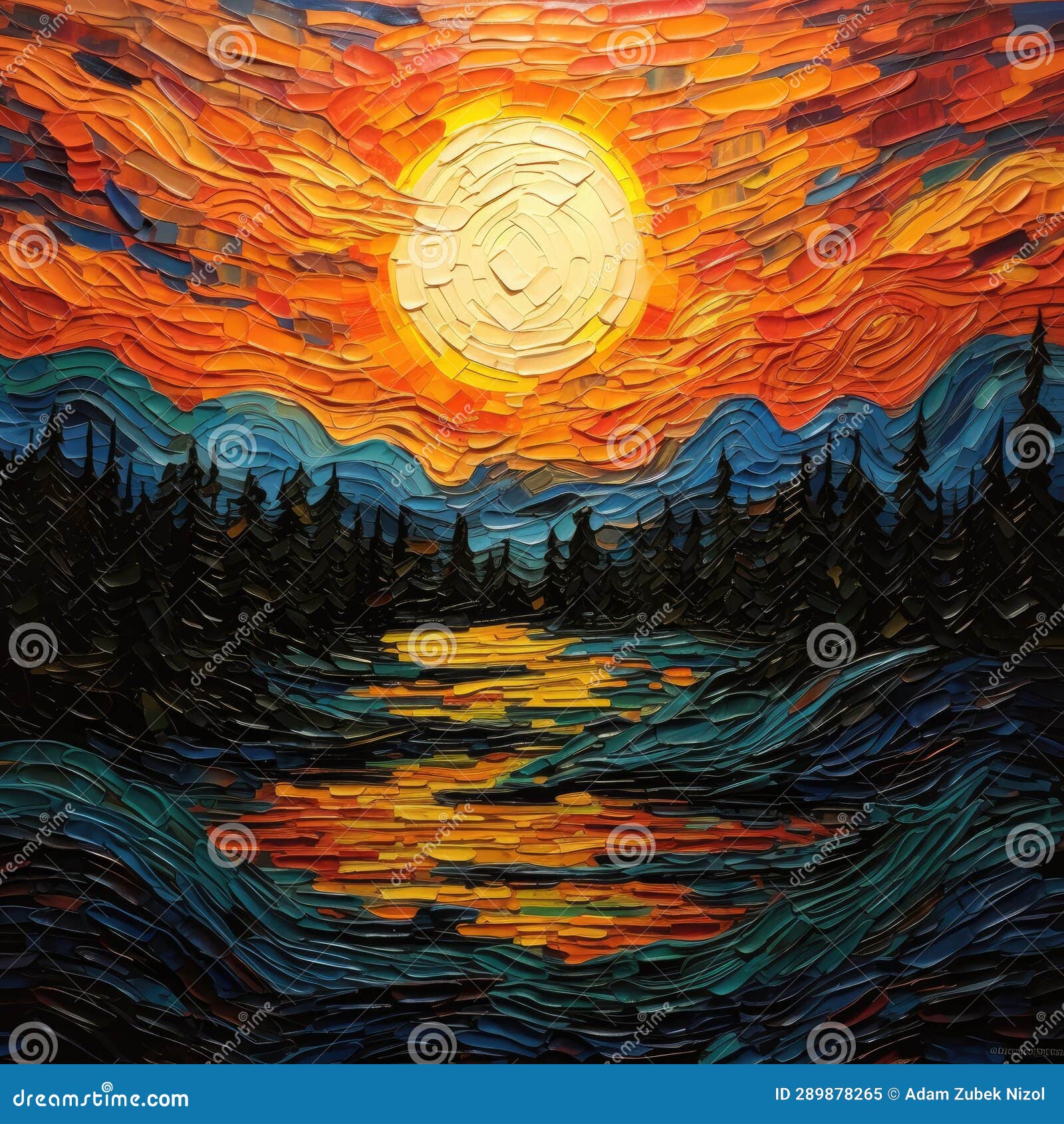 A Painting of a River and Trees Stock Illustration Illustration of