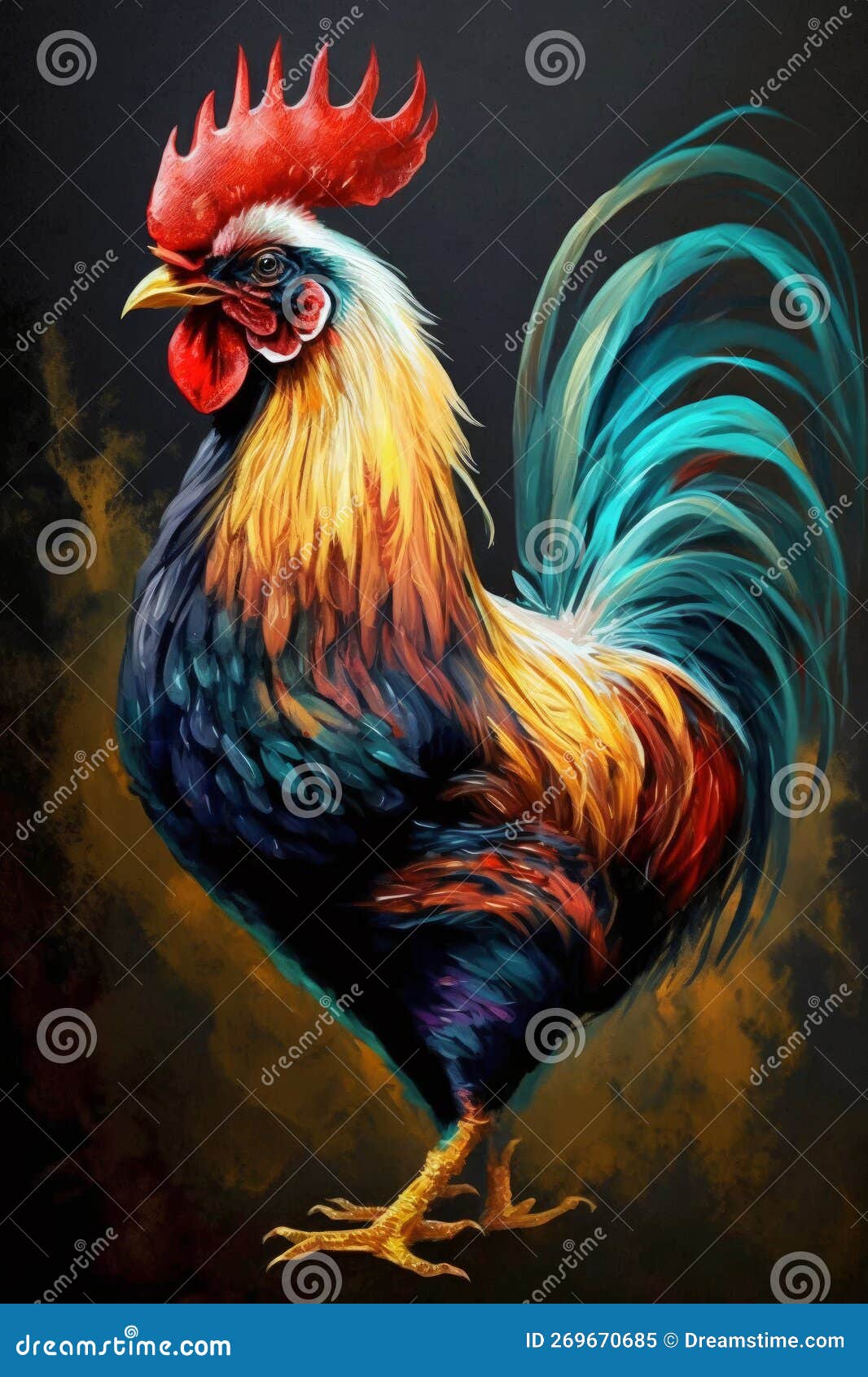 Painting of Rooster with Colorful Feathers. Generative AI Stock Image