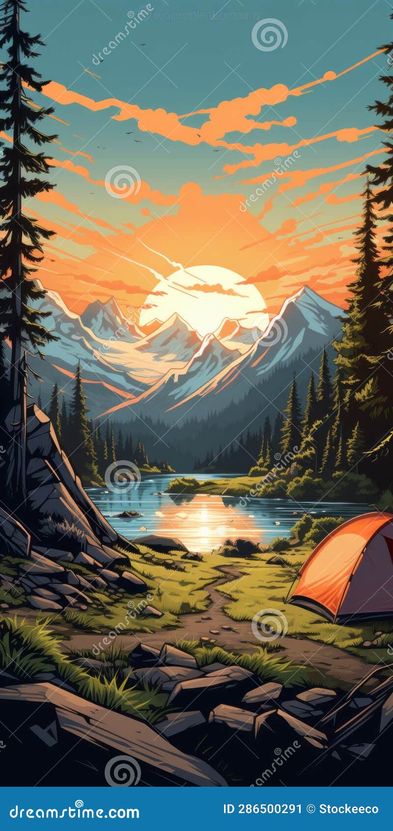 retrovirus camping poster: scenic view of tent campsite in the mountains