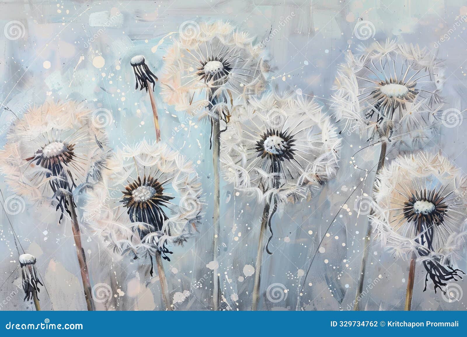 a painting of several dandelions in light beige and dark gray styles with meticulous brushwork, surreal s