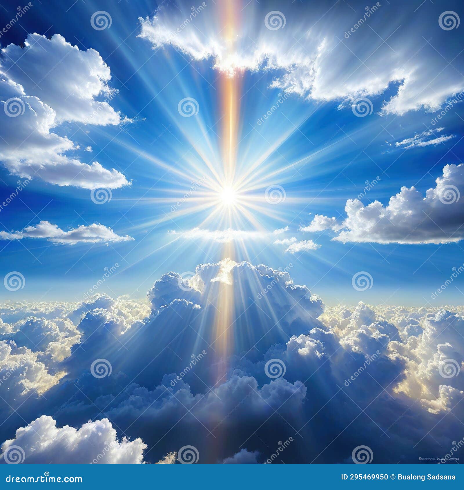 painting of sky filled with clouds and sun rays coming through the clouds with
