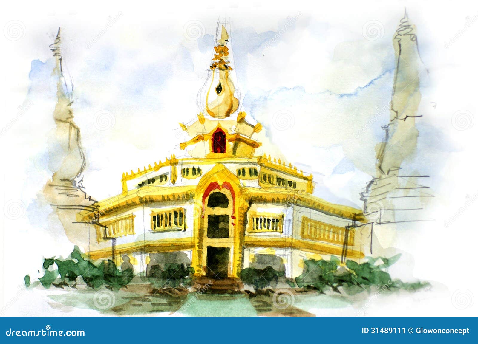 painting thai pagoda water color north east thailand gold design 31489111