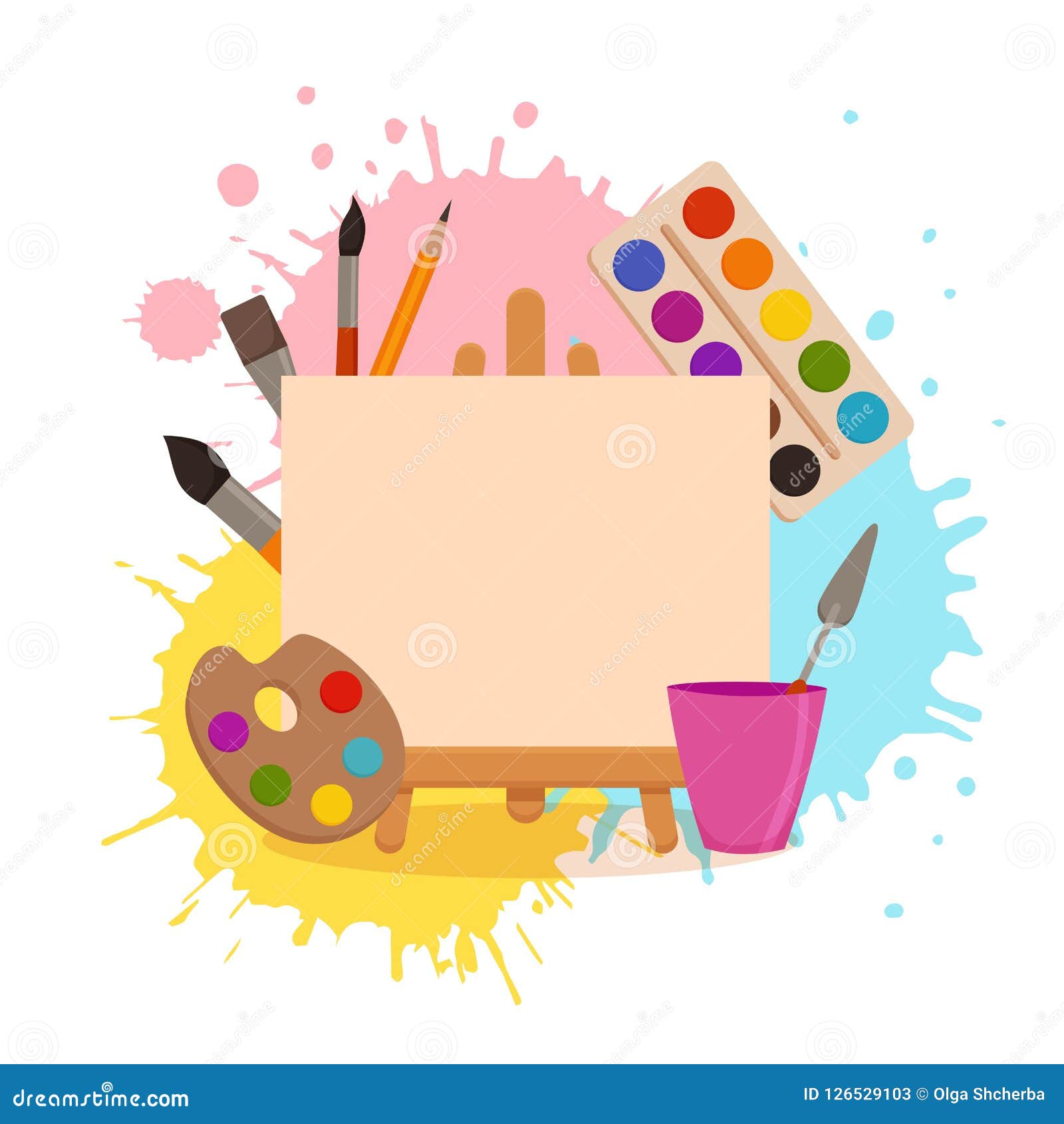https://thumbs.dreamstime.com/z/painting-tools-elements-cartoon-colorful-vector-concept-art-supplies-easel-canvas-paint-tubes-brushes-watercolor-splash-background-126529103.jpg
