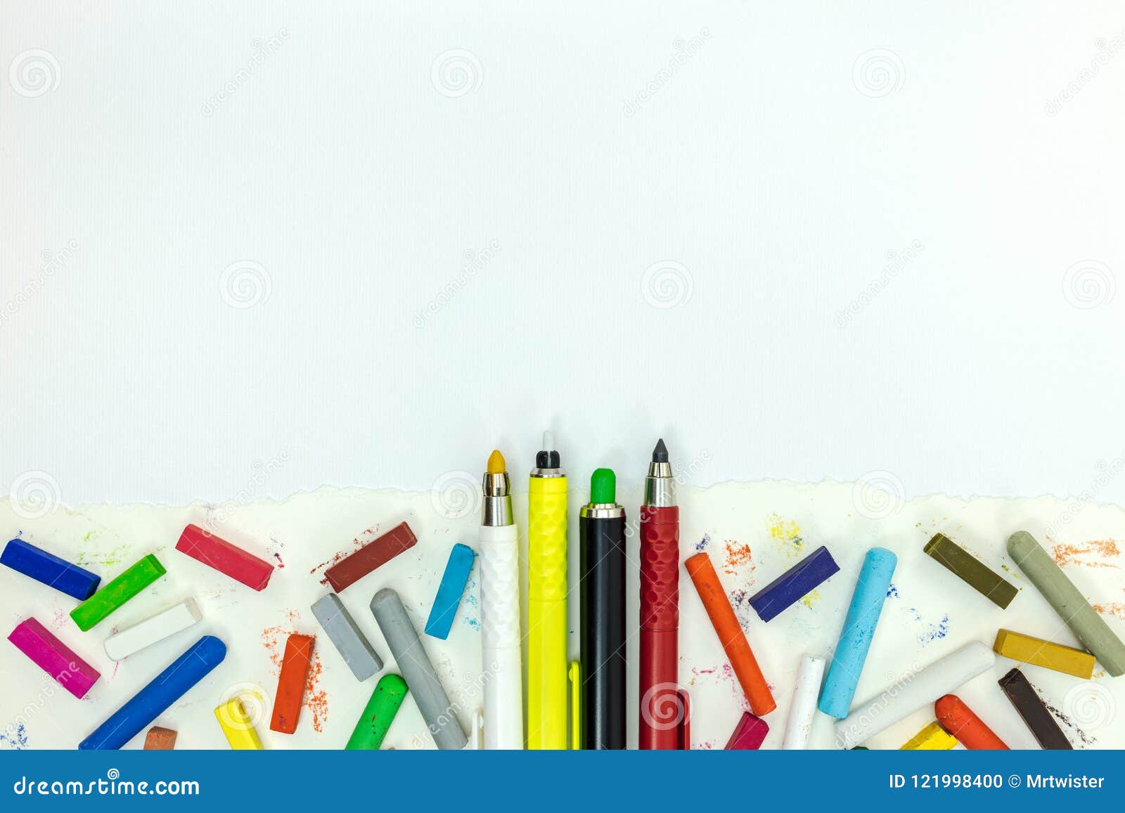 painting tools on paper sheet colored crayons and markers on wh