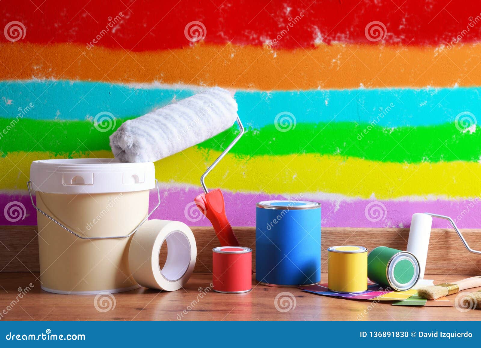 Painting Tools on Parquet Floor with Wall Painted Various Colors Stock