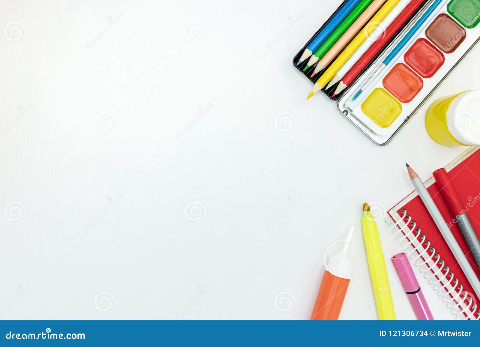 Painting Tools For School On White Desk Background Stock Photo