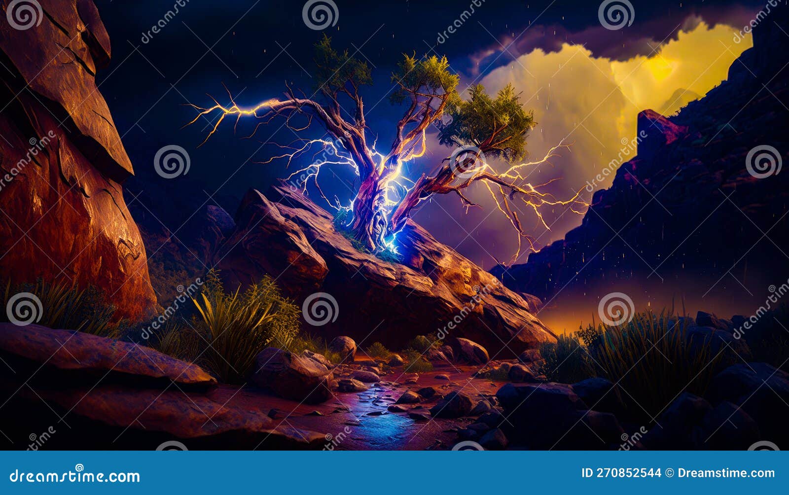 painting of tree in the middle of mountain generative ai.