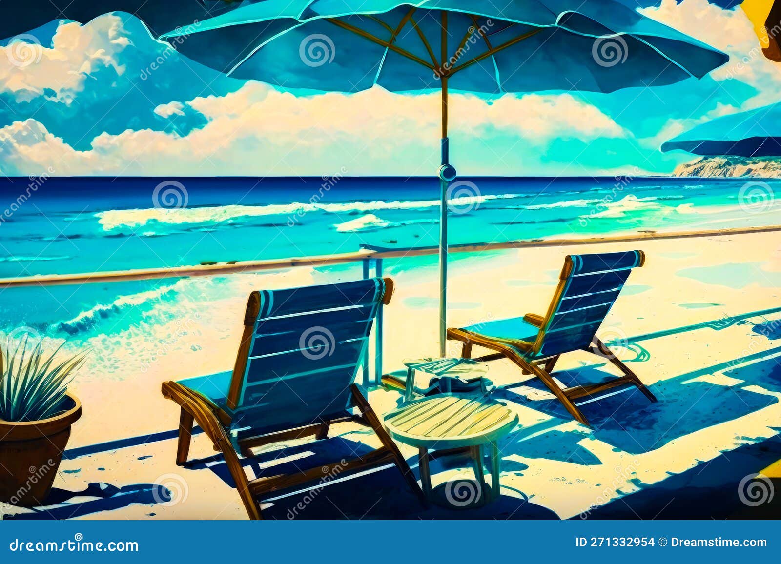 Painting of Two Chairs and an Umbrella on Beach. Generative AI Stock Illustration Illustration