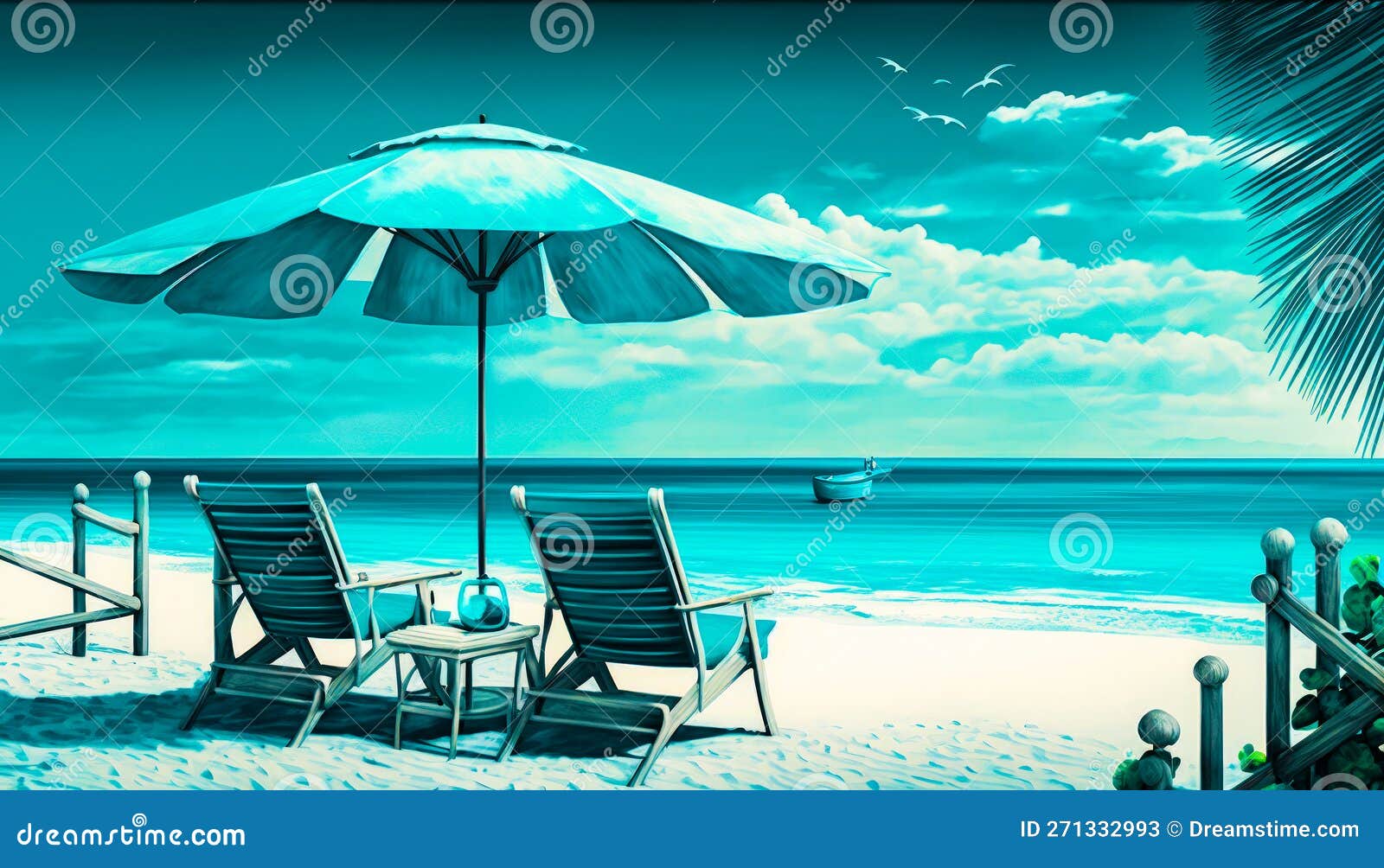 Painting of Two Chairs and an Umbrella on Beach. Generative AI Stock Illustration Illustration