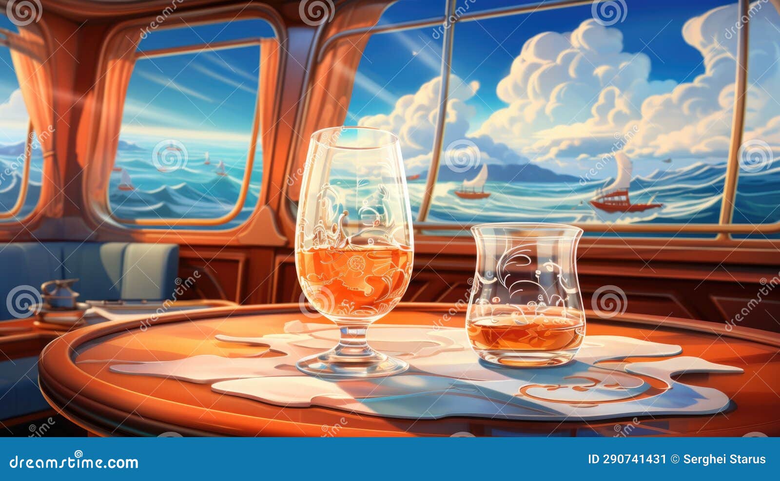 A Painting of Two Glasses of Alcohol on a Table, AI Stock Illustration