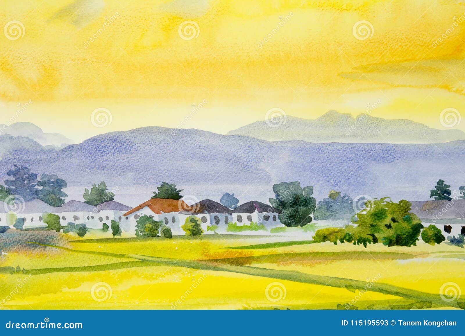 Painting Village and Rice Field in the Morning Stock Illustration 