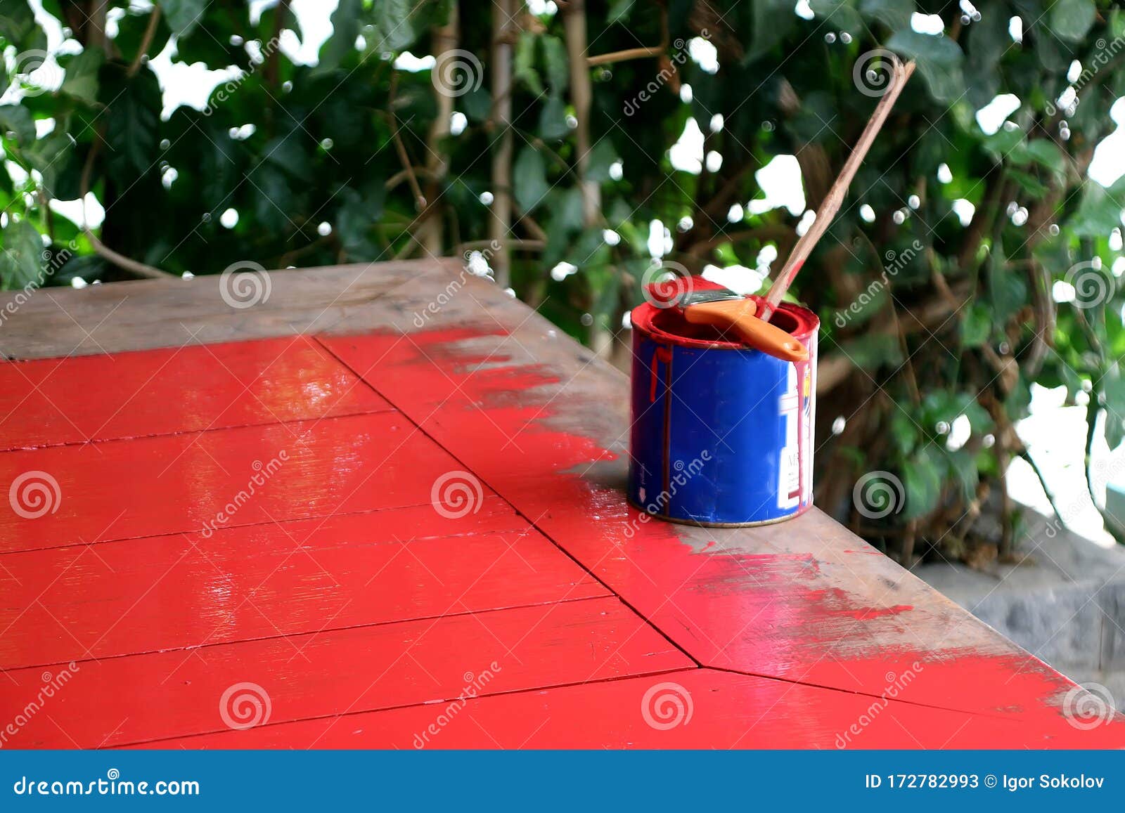 Painting Work, Painting the Table with Red Paint Stock Image Image of