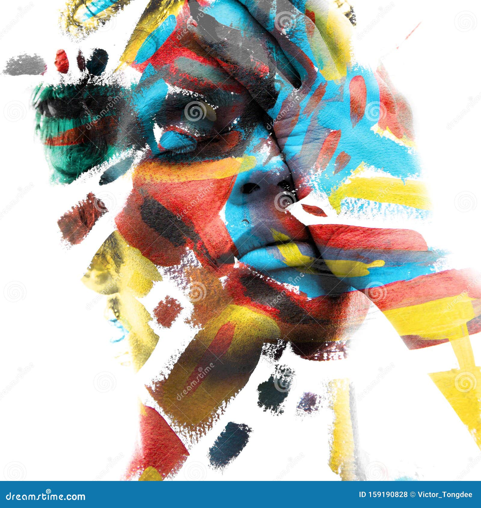 paintography. double exposure of an attractive male model with closed eyes and hand covering face combined with colorful hand