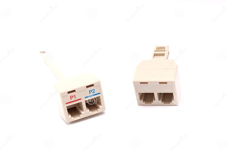 A pair of beige colored wall mount telephone rj11 splitter adapters