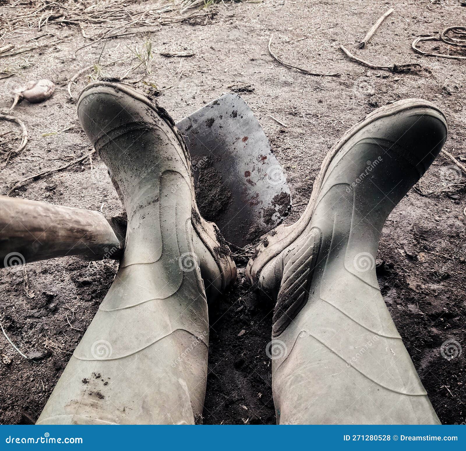 A Pair of Boots and a Hoe for Farming Equipment Stock Photo Image of