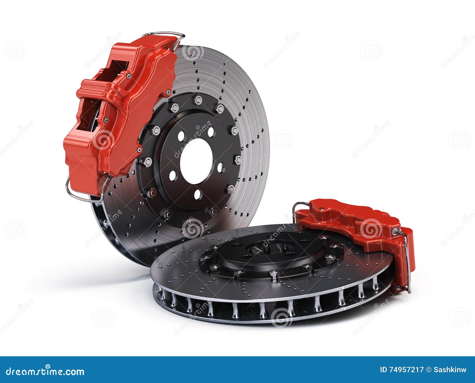 pair of brake discs with red sport racing callipers on white