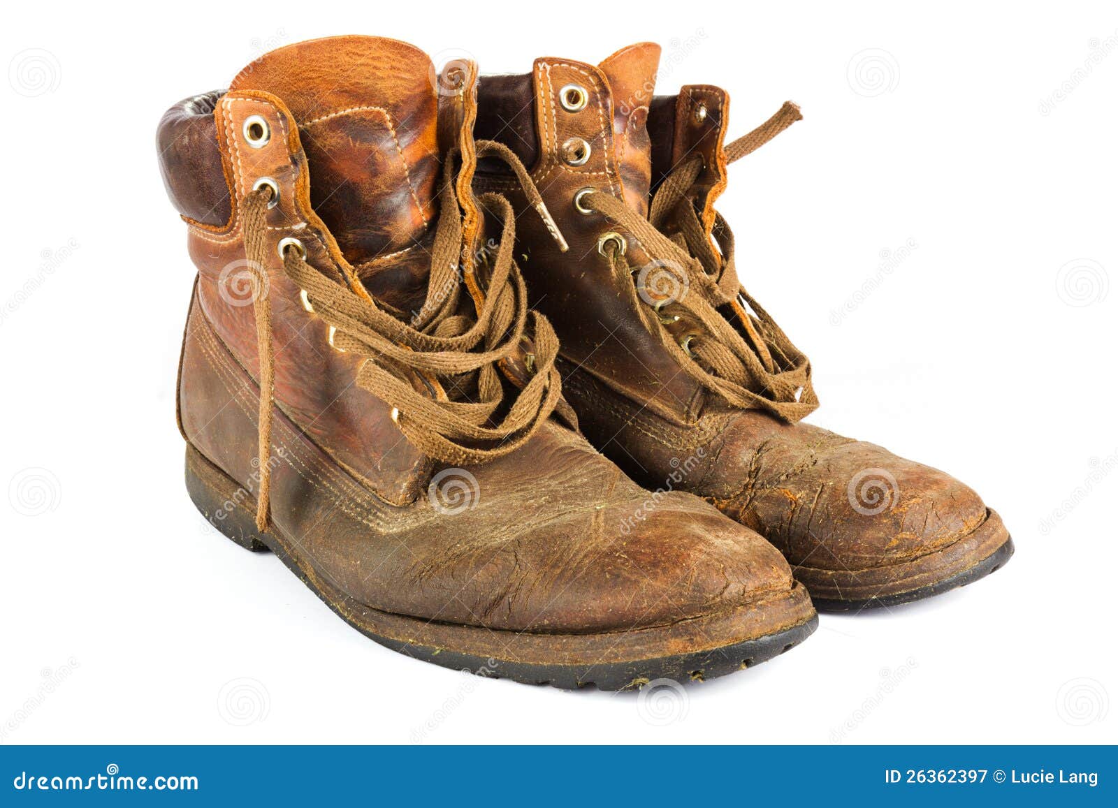 Pair of Brown Leather Work Boots on White Stock Image - Image of aged ...