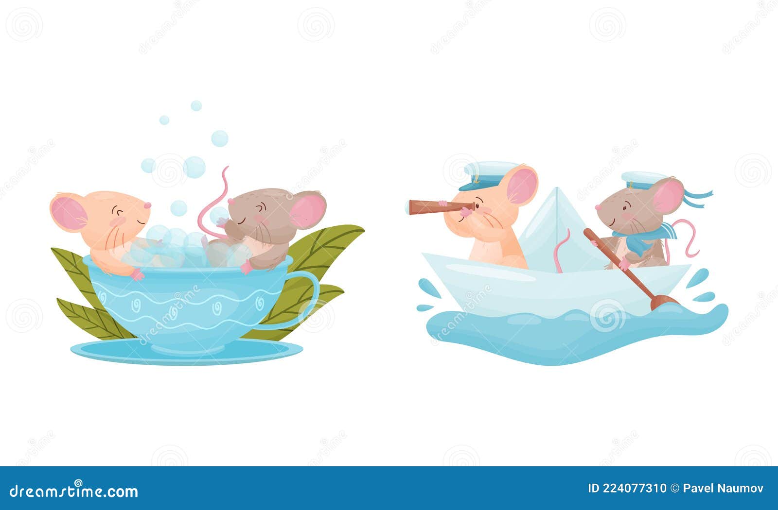 pair of cute mice sailing on boat and bathing in cup  set