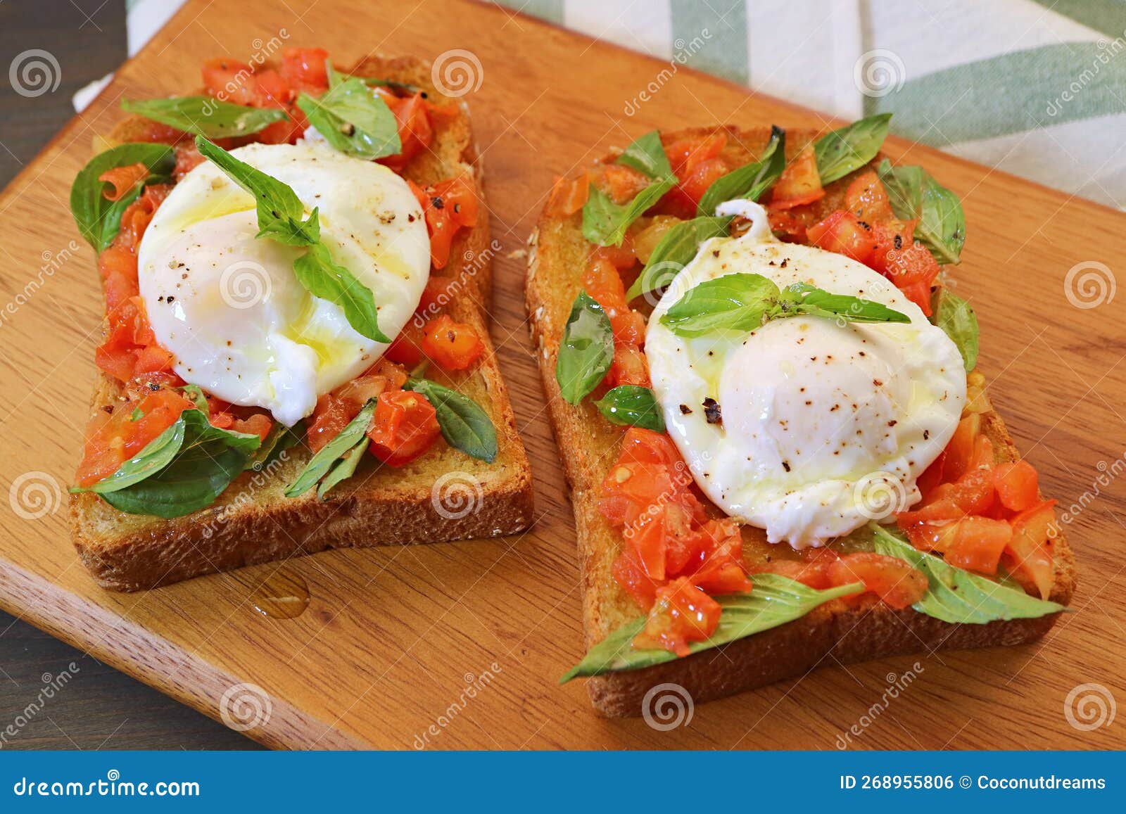 Pair of Delectable Fresh Tomato and Basil Toast Topped with Poached Egg Stock Photo Image of