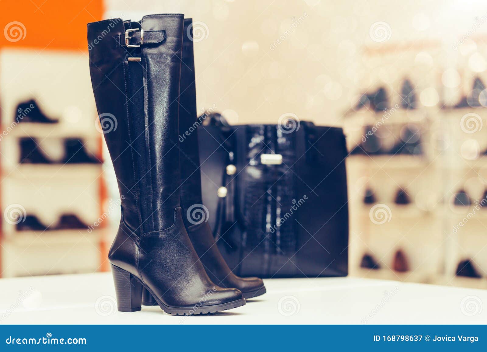Pair of Elegant Leather Women Boots with High Heels and Women Handbag ...