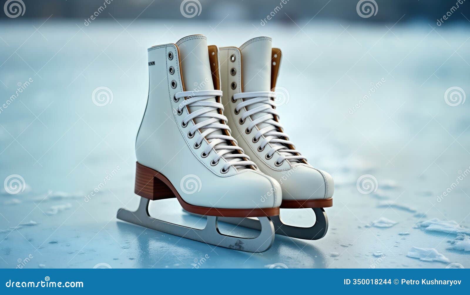 pair of elegant white ice skating boots resting on ice surface. close-up view emphasizes details of footwear . winter