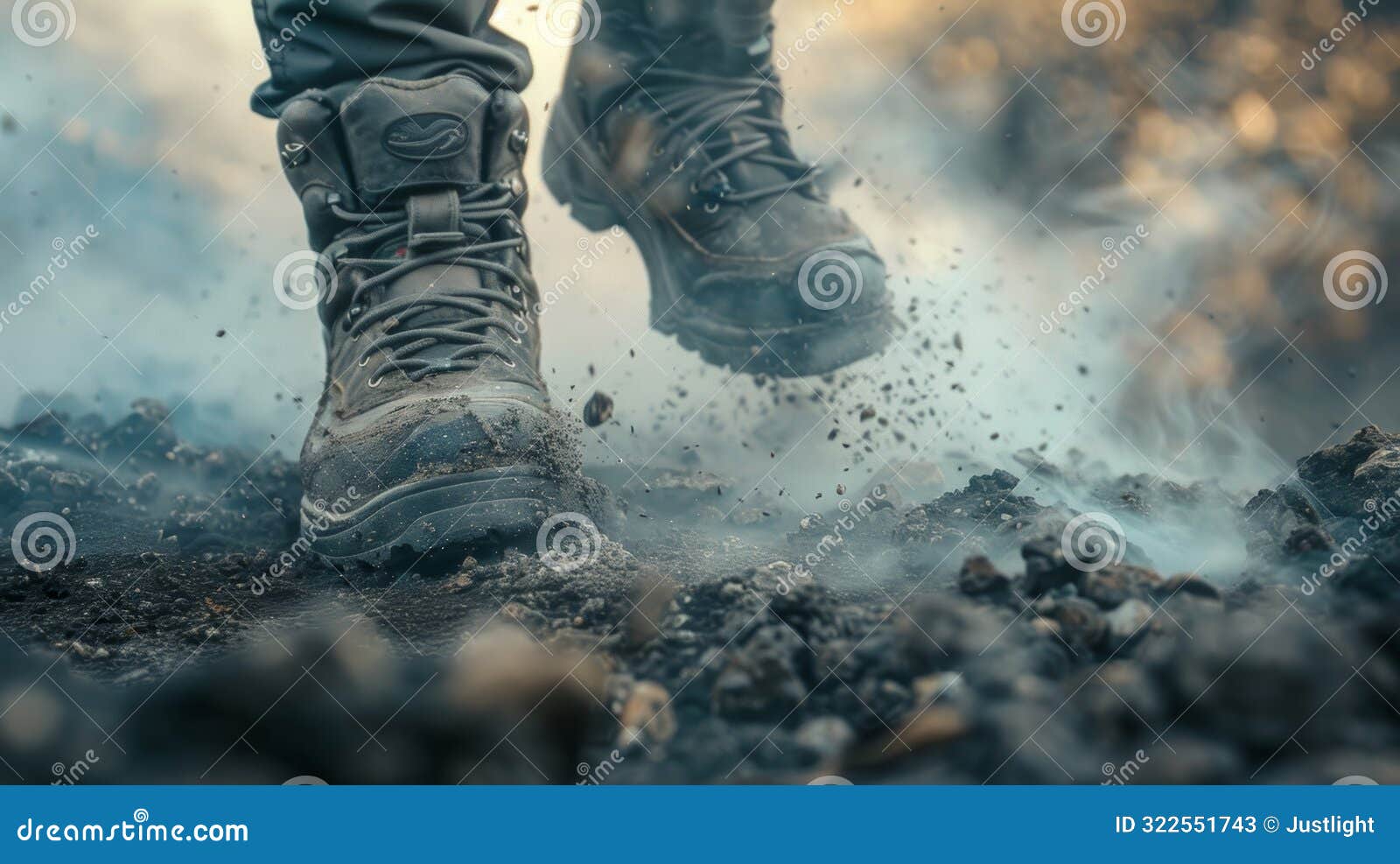 a pair of explorers boots trudging through a layer of cloudlike particles leaving trails in their wake