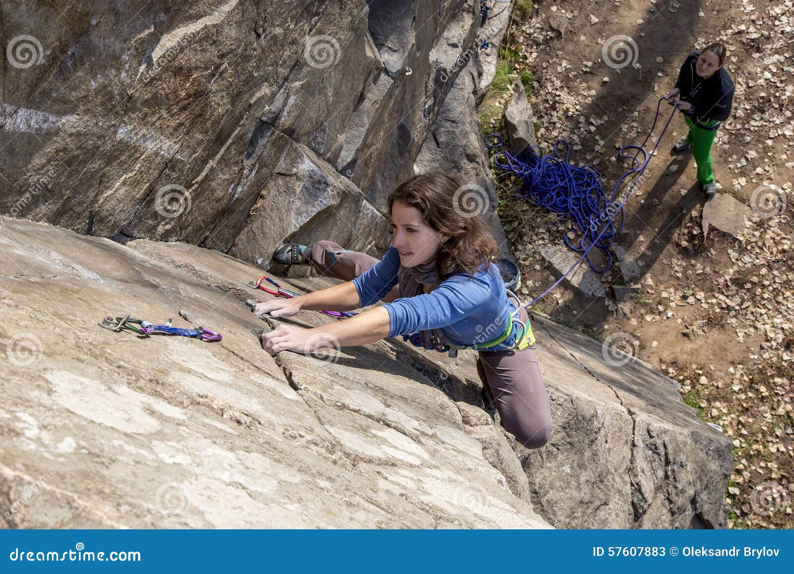 Pair of Female Climbers Assault the Rock Wall Stock Image Image of