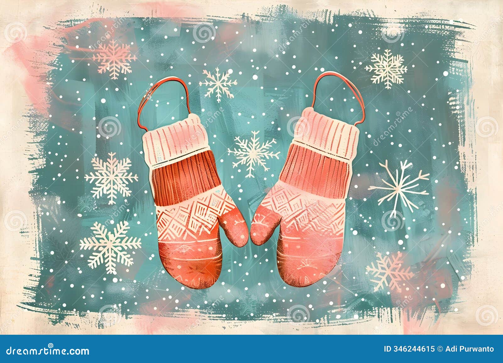 a pair of festive mittens against a snowy backdrop, evoking winter warmth and cheer