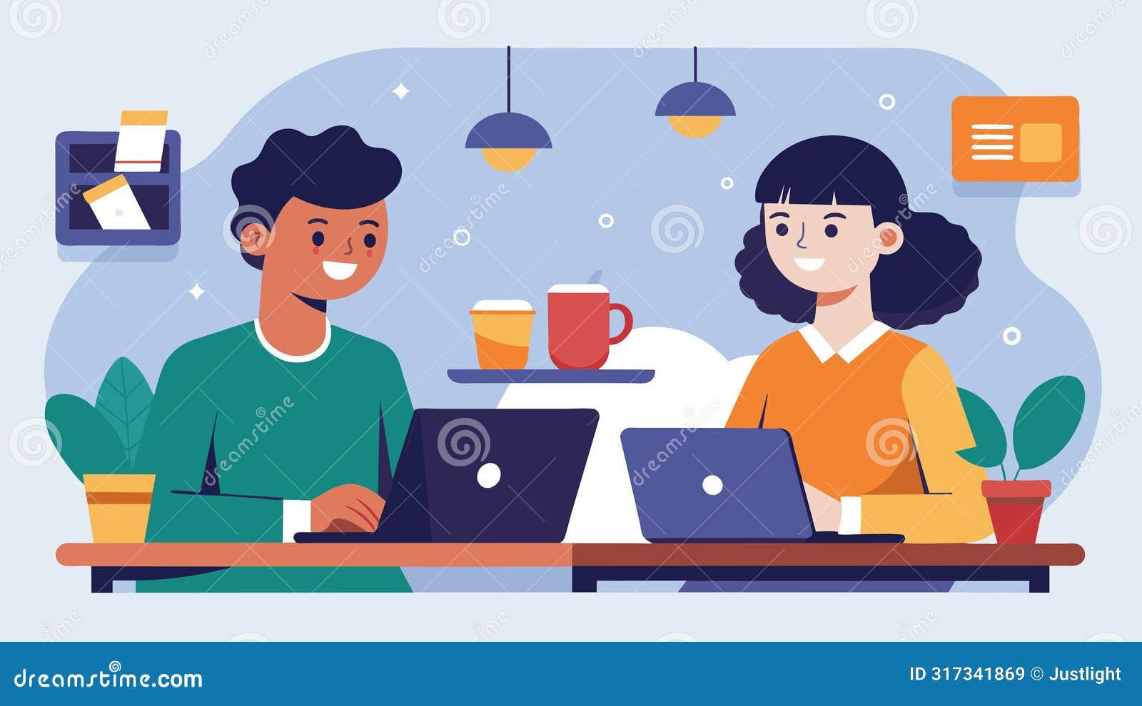 a pair of friends working from a coffee shop using their flexible schedules to avoid unnecessary expenses while paying